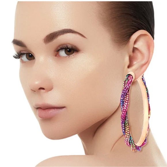 BLING🛍🆕RAINBOW TWISTED RHINESTONE HOOP EARRINGS - Picture 5 of 5